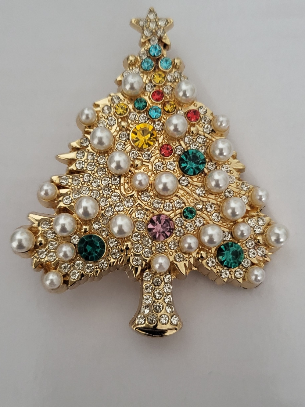 Gold-Tone Multicolor Crystal & Pearl Christmas Tree Brooch - Women Jewelry